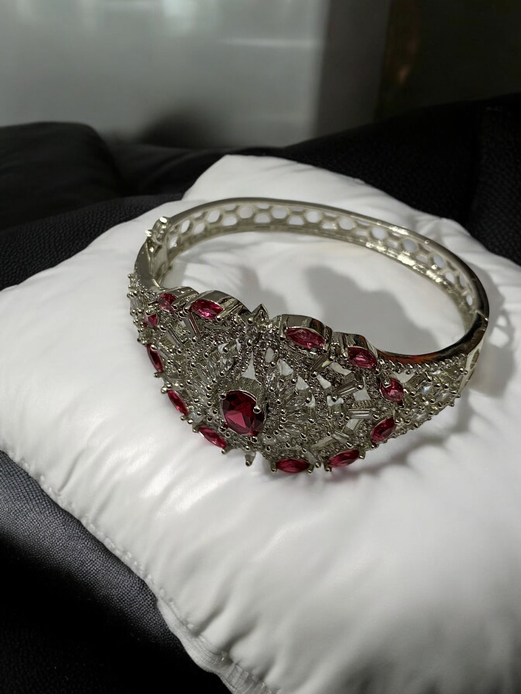 Elegant Free-Size Bracelet with American Diamonds and Red Stones